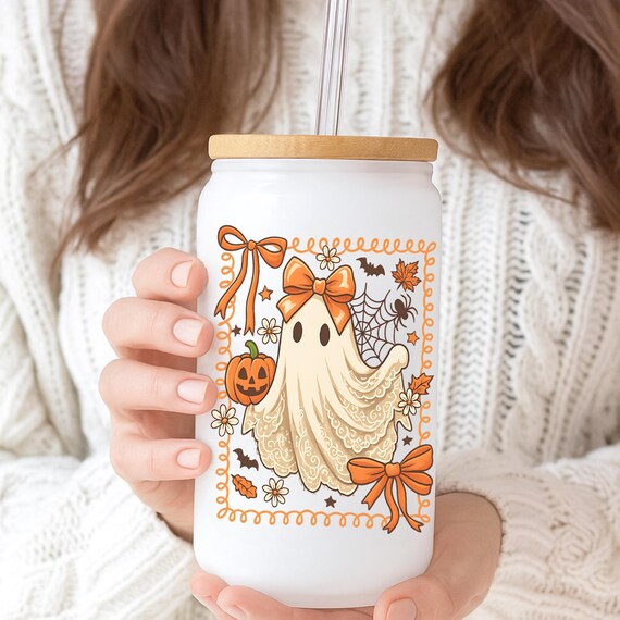 Coquette Ghost Halloween Can Glass, Spooky Fall Coffee Cup