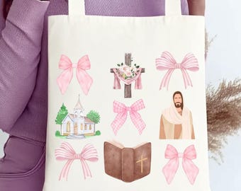 Christian Coquette Pink Bows Tote Bag, Bible Study Bag, Inspirational Bag. Faith-Based Gift, Coquette Bag, Bible Tote Bag, Reusable Tote Bag