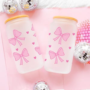 Cute Coquette Pink Bows 16oz Can Glass, Girly Can Glass, Pink Bow Aesthetic, Glass Tumbler, Frosted or White Glass, Bamboo Lid & Glass Straw