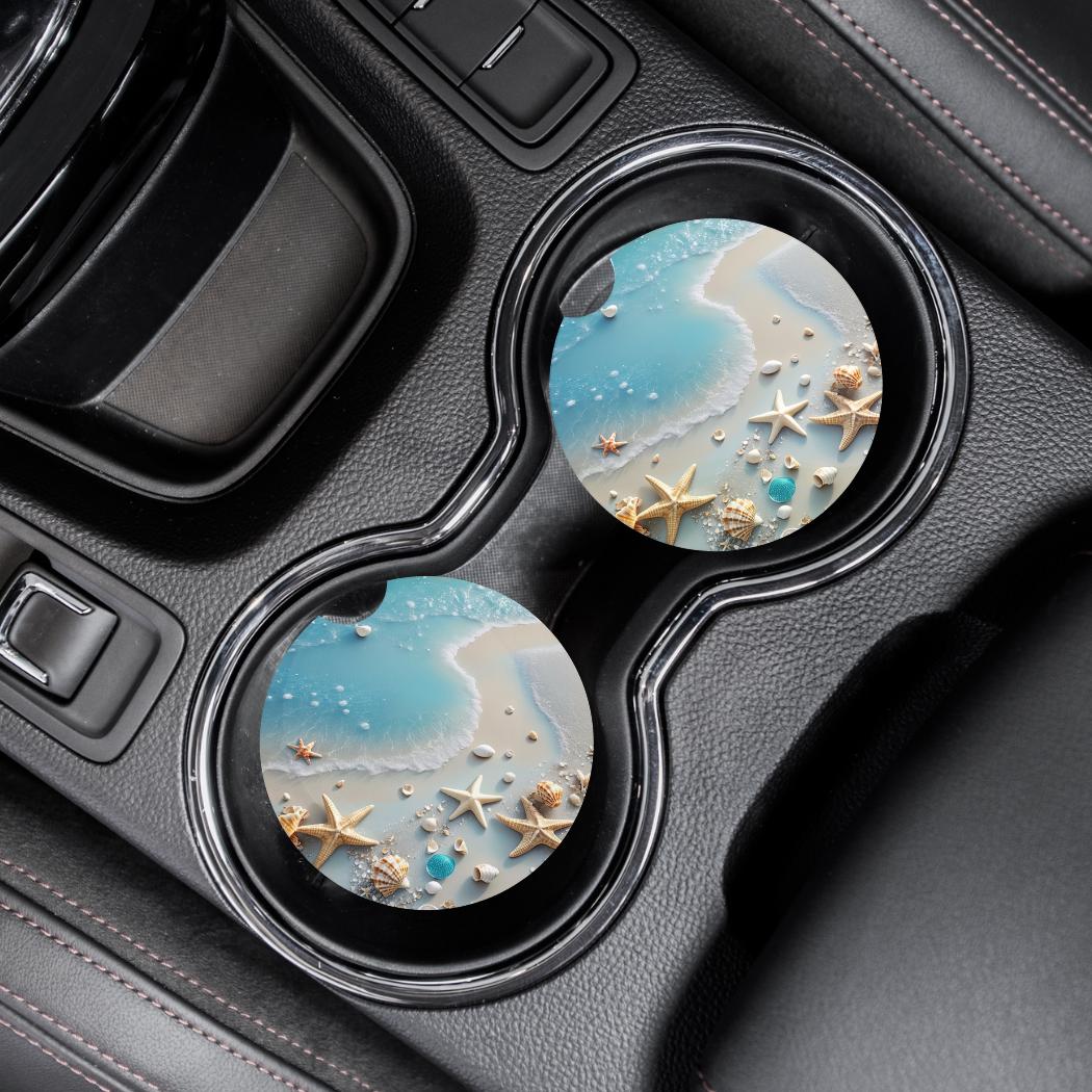 Beach Car Coasters With Starfish & Shells, Ocean Car Coasters Set of 2 ...