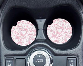 Sottobicchieri per auto rosa Toile de Jouy, decorazioni per auto in stile cottagecore (set da 2)