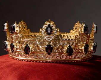 Handmade Gold Baroque King Crown: Medieval Sapphire Tiara