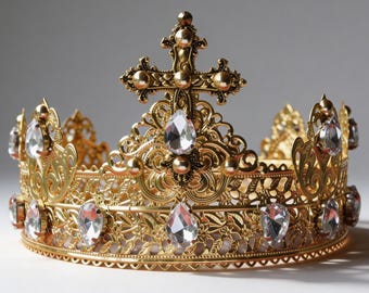 Handmade Medieval King Crown: Gold Cross, Red Jewels Custom