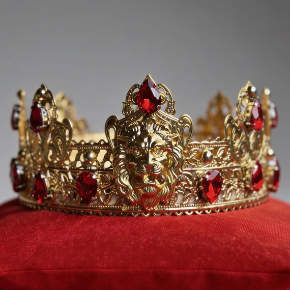 Elegant Gold and Red Gemstone Tiara From Medieval Times Show Gothic Cross Crown: Red Jewel Royal King Tiara Medieval  main image 2