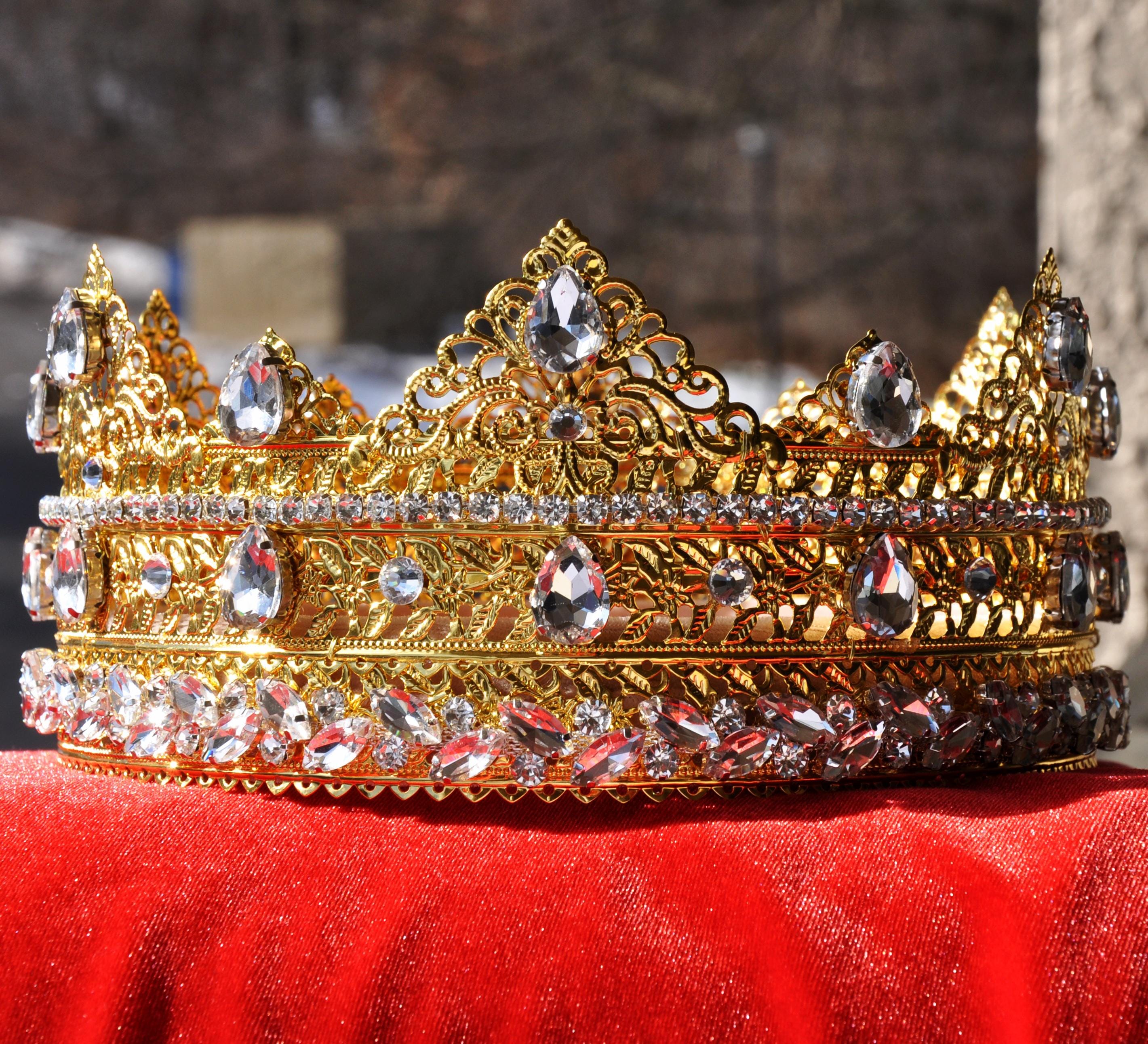 3585 2 Pieces Baroque Crown King and Queen Crown Set Black Rhinestone 2 Pieces Baroque Crown King and Queen Crown Set for Men  main image 3