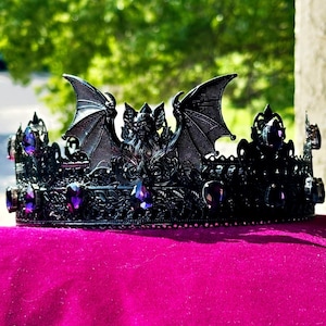 Prince of Darkness Crown – Gothic Bat King Crown for Men | Black Metal Tiara with Purple Crystals for Halloween, Cosplay, Gothic Wedding