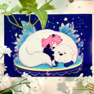 Starry Sleep Anya & Bond Print | Constellations Floral Plants Anya Forger Bond Forger Art | Spy x Family Digital Illustration Anime Print