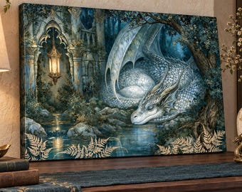 Sleeping White Dragon Wall Art, Fantasy Canvas or Matte Print, Enchanted Elven Ruins, Dragon Nursery Decor