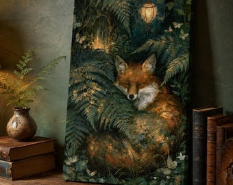 Sleeping Fox Near Fairy Door Wall Art, Enchanted Forest Canvas or Matte Print, Cozy Woodland Cottagecore Decor