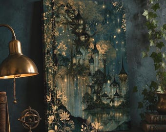 Enchanted Elven City Wall Art, Fantasy Canvas or Matte Print, Teal Gold Magical Forest Decor