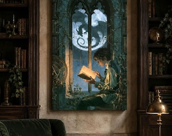Moonlit Dragon Library Wall Art, Gothic Fantasy Canvas or Matte Print, Dark Academia Boy Reading Room Decor