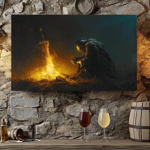 Rest at Bon Fire Leinwand Kunst, Videospiel im Fantasy-Stil Kunst, Ritter beten am Bon Fire Leinwand Wanddekor Dark Fantasy Wall Leinwanddekor