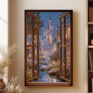 May include: A framed artwork depicting a castle scene viewed through an open window. The artwork features a detailed castle with illuminated towers, a flowing river, and surrounding trees. The window frame is brown, and the scene is set against a night sky.