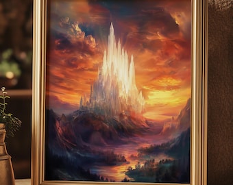 Ivory Tower Castle Fantasy Matte Print Colorful Iridescent Sunset Castle Water Color Style Print Fantasy Room Decor Enchanted Castle Art