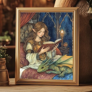 Story Time Fairy Tale Fantasy Museum Quality Print, Fantasy Art Print, Elven Girl and Baby Dragon Cozy Whimsical Fantasy Print Fantasy Decor