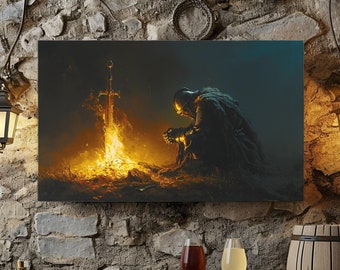 Rest at Bon Fire Canvas Art, Video Game Fantasy Style Art, Knight Praying At Bon Fire Canvas Wall Decor Dark Fantasy Wall Canvas Decor