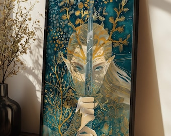 Elven Tree Guardian Matte Art Print Fantasy Female Elven Warrior Grillige Mystical Forest Wall Art Fantasy Elven Warrior Matte Print
