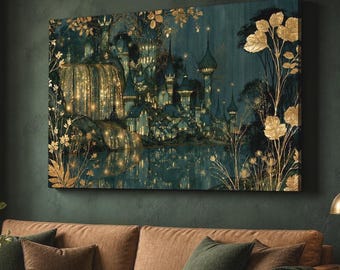 Enchanted Elven City Canvas Wall Art, Teal Gold Fantasy Landscape, Magical Waterfall Decor, Whimsical Gothic Home Art