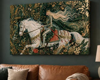 Lady Knight Wall Art, Fantasy Female Horse Rider Canvas or Matte Print, Enchanted Forest Decor, Green Gold Medieval Cottagecore Artwork