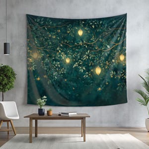 May include: A dark green tapestry with a pattern of leaves and branches. There are small, glowing lights hanging from the branches.