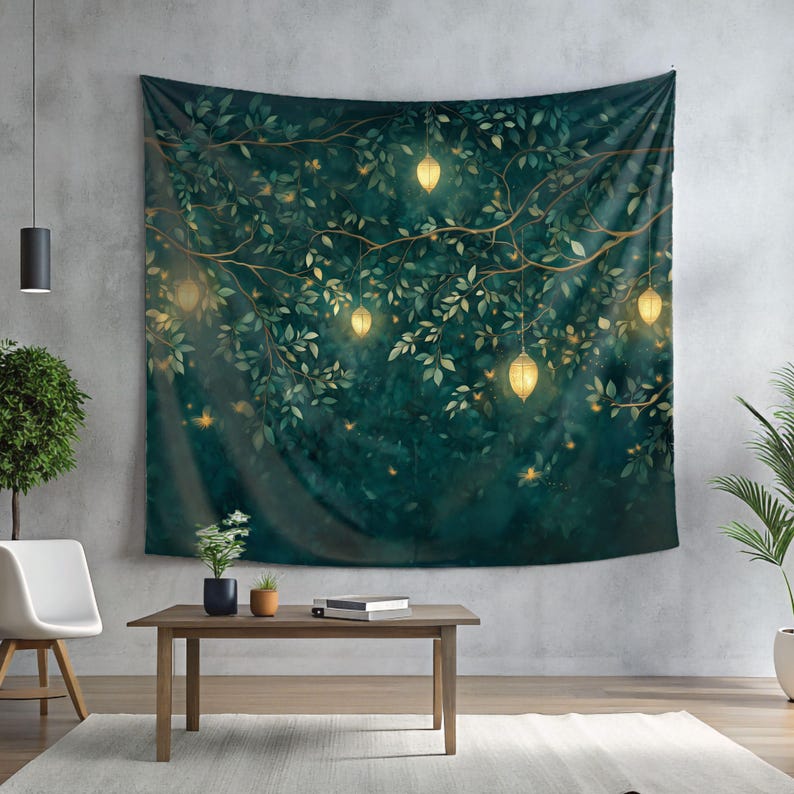 May include: A dark green tapestry with a pattern of leaves and branches. There are small, glowing lights hanging from the branches.