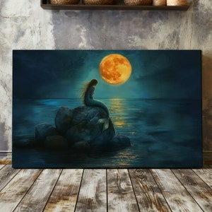 Moonlit Mermaid Canvas, Mermaid Canvas Print, Mermaid Decor For Her, Mermaid Wall Hanging, Beach House Gift, Mermaid Core Art Kid Room Decor