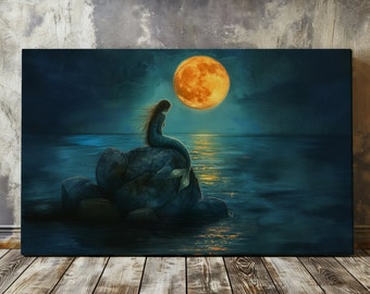 Moonlit Mermaid Canvas, Mermaid Canvas Print, Mermaid Decor For Her, Mermaid Wall Hanging, Beach House Gift, Mermaid Core Art Kid Room Decor