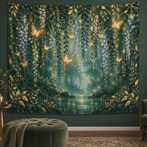 May include: A rectangular wall tapestry featuring a dark green forest scene with a central pond. The design includes hanging wisteria flowers in shades of blue and white, golden butterfly illustrations, and glowing light accents throughout the foliage.
