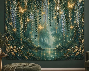Golden Butterfly Garden Tapestry, Enchanted Forest Wall Hanging, Green and Gold Botanical Fairycore Decor Fantasy Wall Hanging Gift