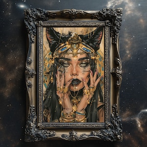 May include: A framed illustration of a woman with cat ears and a gold crown, wearing a black and gold outfit with intricate details. Her eyes are blue and her lips are red. The background is a dark, textured surface.
