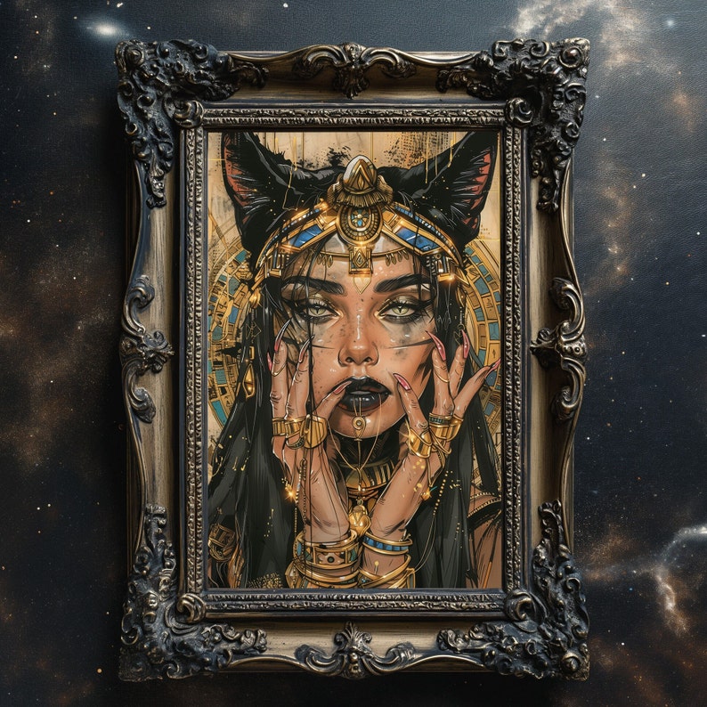 May include: A framed illustration of a woman with cat ears and a gold crown, wearing a black and gold outfit with intricate details. Her eyes are blue and her lips are red. The background is a dark, textured surface.