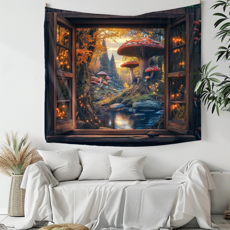 K&ouml;nnte beinhalten: Eine Wandteppich mit einer Fensteransicht auf einen magischen Wald mit leuchtenden Lichtern und Pilzen. Die Waldszene umfasst einen Bach und B&auml;ume.