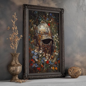 May include: A framed painting of a weathered metal helmet surrounded by a field of colorful wildflowers. The helmet is partially obscured by the flowers, creating a sense of mystery and intrigue.