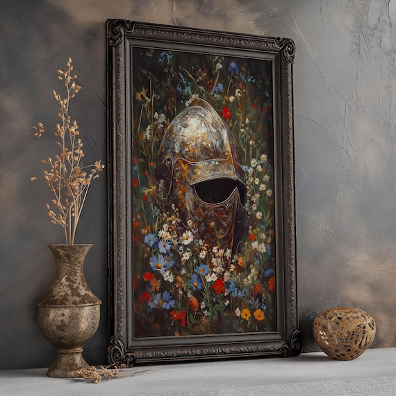 Lost Knight's Helm Floral Matte Print Floral Knight Fantasy Print Dark Cottage Core Wall Decor Fantasy Wildflower Wall Decor Fantasy
