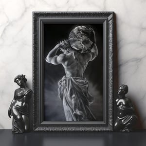 Atlas Greek God Matte Print Black and White Mythology Wall Art Holding the World Poster Masculine Statue Decor Matte Chalk Style Myth Print