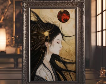 天照大御神のアートプリント：日本の太陽神、神道神話の絵画、天の神光