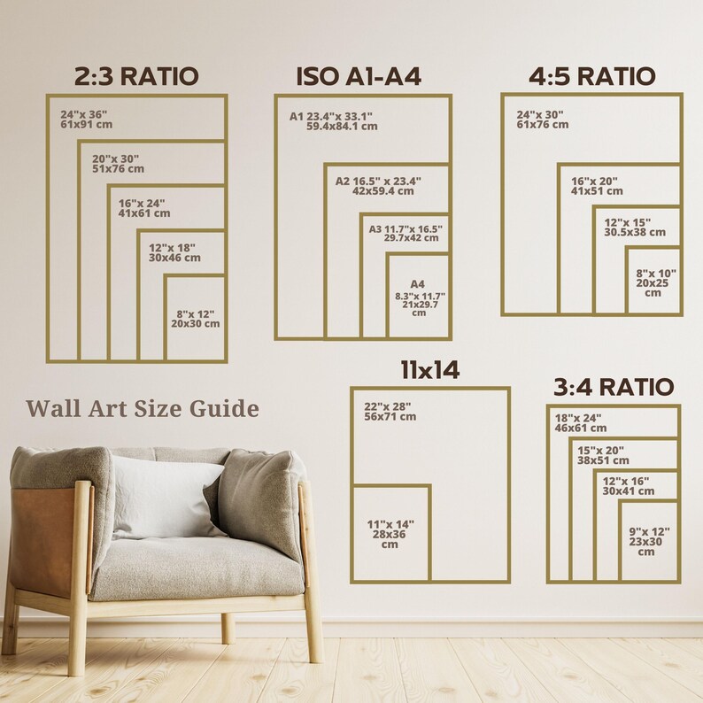 May include: Wall art size guide with different aspect ratios and measurements in inches and centimeters. The guide shows the dimensions of various sizes of wall art, including 2:3 ratio, ISO A1-A4, 4:5 ratio, 11x14, and 3:4 ratio.