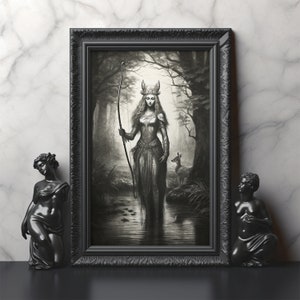 Artemis Black and White Print, Artemis Goddess Nature Art Mythology Inspired Wall Art Gift for Fantasy and Nature Lover