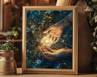 May include: Two hands, one reaching out from a lush green forest, the other reaching up from the bottom of the frame, both holding a glowing orb of light.