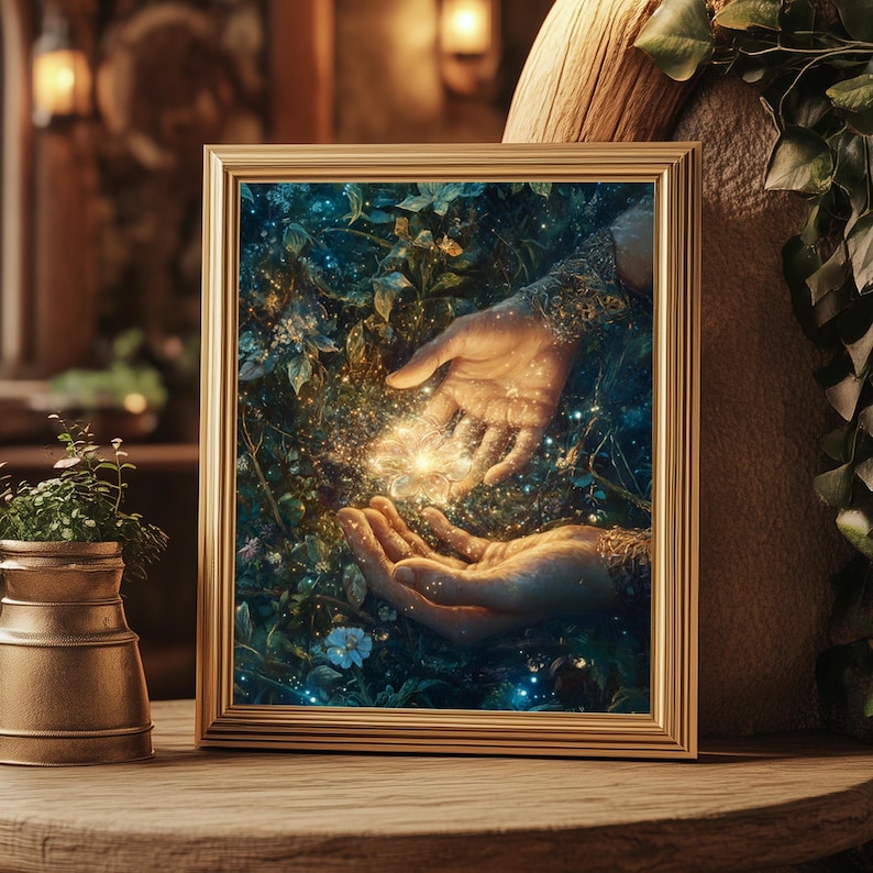May include: Two hands, one reaching out from a lush green forest, the other reaching up from the bottom of the frame, both holding a glowing orb of light.
