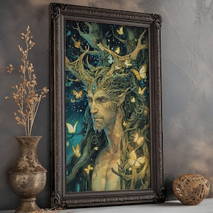 Cernunnos Celtic God Matte Print, Cernunnos art print, Horned God of Nature art, Druid of Forest Art Green Man Horned God, Unframed
