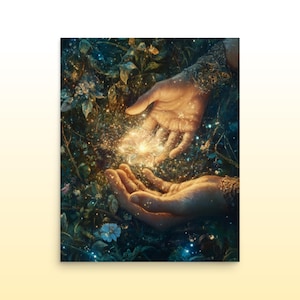 May include: Two hands cupped together, holding a glowing, white flower with sparkling light emanating from it. The hands are surrounded by lush green foliage and twinkling lights.