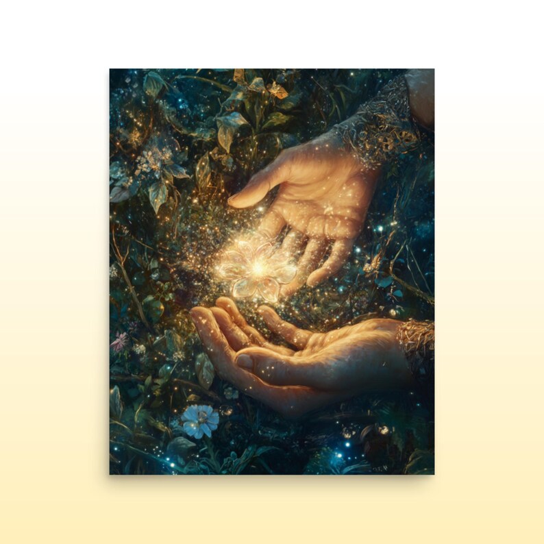 May include: Two hands cupped together, holding a glowing, white flower with sparkling light emanating from it. The hands are surrounded by lush green foliage and twinkling lights.