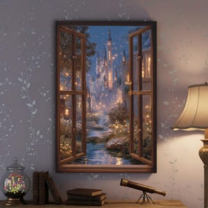 K&ouml;nnte beinhalten: Ein gerahmtes Kunstwerk, das eine n&auml;chtliche Schlossansicht durch ein offenes Fenster zeigt. Der Fensterrahmen ist braun, und das Schloss ist mit warmen Lichtern beleuchtet. Ein Bach flie&szlig;t durch die Szene, und der Himmel ist tiefblau. Das Kunstwerk wird an einer Wand mit floralem Muster gezeigt.