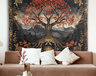 Tree of Yggdrasil Tapestry Wall Hanging, Norse Viking Tapestry Wall Art, Tree of Life Large Tapestry, Norse Mythology Wall Decor Viking deco