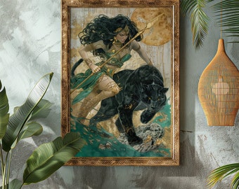 Awilix and Panther Matte Print Divine Mayan Goddess Art Print Awilix, Goddess of Moon and Night in Gold & Green Mayan Wall Art