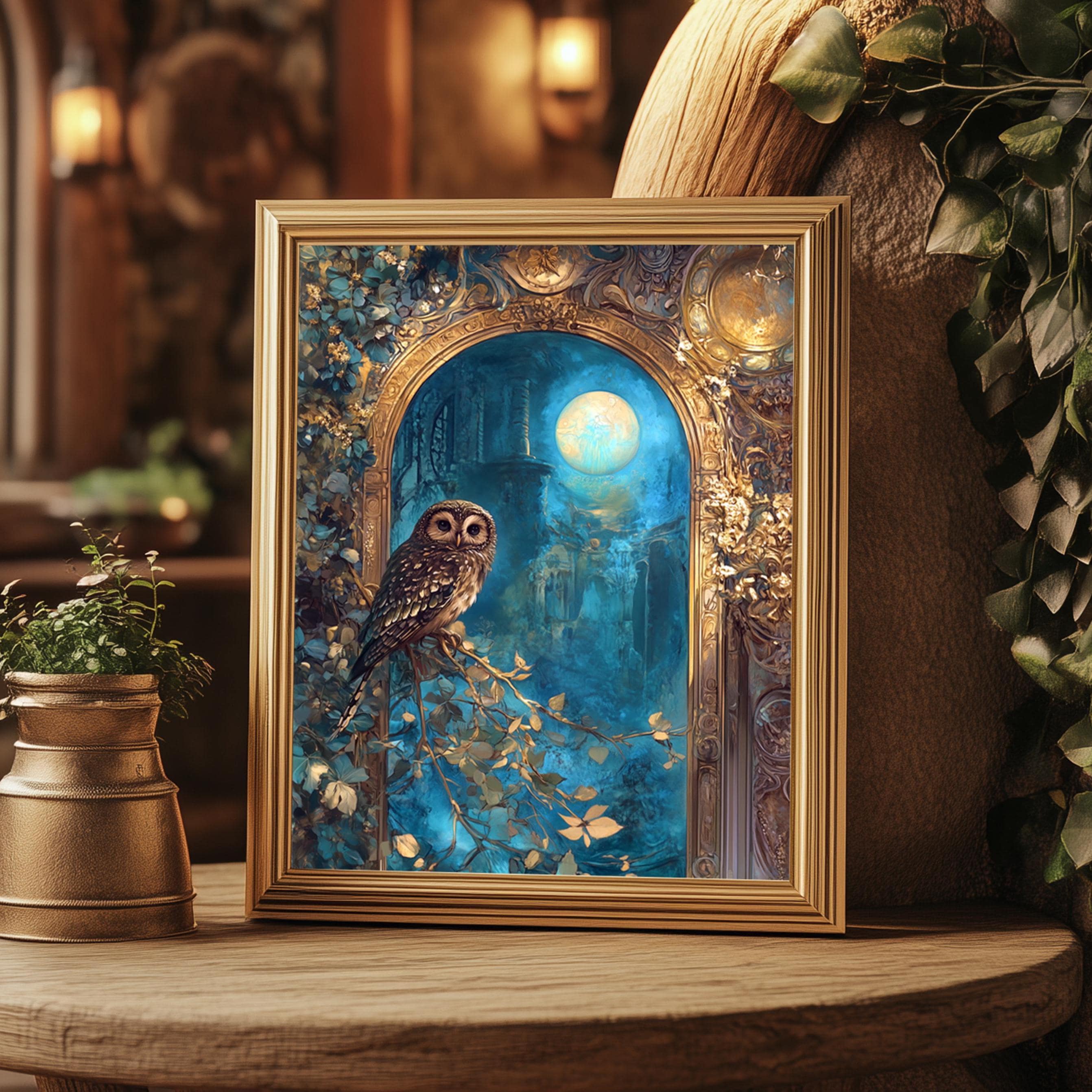 The Owl of Athena Museum Quality Matte Print Fantasy Owl Wall Art Tiffany Blue Gold Botanical Owl Ar