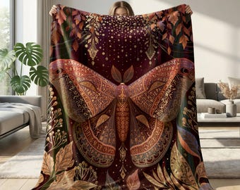 Fantasy Moth Sherpa Blanket, Autumn Woodland Throw, Mystical Forest Insect Blanket, Gold Botanical Cottagecore Decor