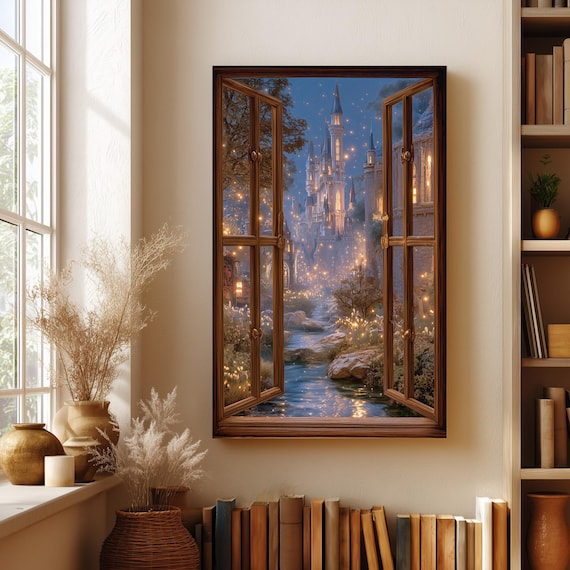 Fantasy Castle Window Canvas Wall Art Magical Kingdom View Fairy Light Night Scene Enchanted Landscape Dreamlike Castle Wall Decor Print