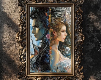 May include: A framed illustration of a man and woman with dark hair. The man is on the left side of the image and the woman is on the right. The man is wearing a dark blue jacket and the woman is wearing a white dress. The background is a dark blue and green colour.
